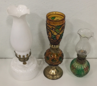 (3) Antique Made In Hung Kong Glass Oil Lamps