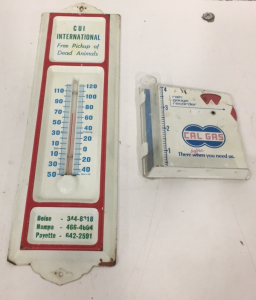 (1) Vintage Metal Advertising CUI International Thermometer (1) Vintage Metal Cal Gas Rain Guage Recorder