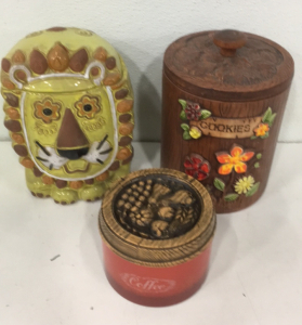 (1) Green Lion Made in Japan Ceramic Cookie Jar (1) Forest Theme Ceramic Cookie Jar With Lid (1) Burlington Metal Coffee Tin