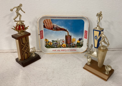 (3) Vintage 70s Tournament Trophy&rsquo;s, (1) Vintage Coca Cola Tray For Decoration