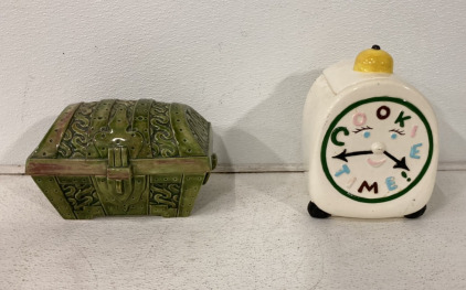 (1) Vintage Cookie Time Glass Cookie Jar, (1) Green Glass Chest Cookie Jar