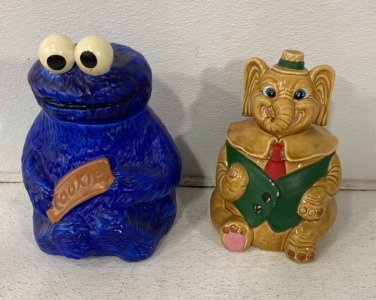 (1) Blue Cookue Monster Glass Cookue Jar, (1) Dumbo Glass Cookie Jar