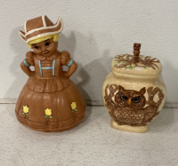 (1) Winton Dutch Girl Glass Cookie Jar, (1) Handpainted Glass Owl Cookie Jar