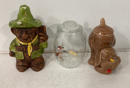 (1) Treasure Craft Cowboy Outlaw Glass Cookie Jar, (1) Hounddog Glass Cookie Jar, (1) Decorative Duck Glass See Through Cookie Jar