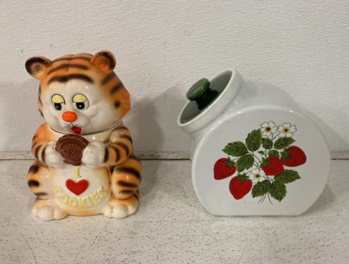 (1) Tiger Cat I Love Cookies Glass Cookie Jar, (1) Strawberry Decorative Glass Cookie Jar