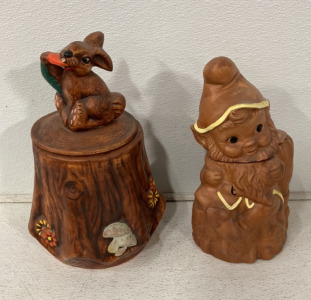 (1) Vintage Large Rabbit On A Tree Stump Cookie Jar, (1) Brown Gnome Elf Cookie Jar