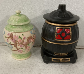 (1) Pot Belly Stove Glass Cookie Jar, (1) Decorative Floral Glass Cookie Jar