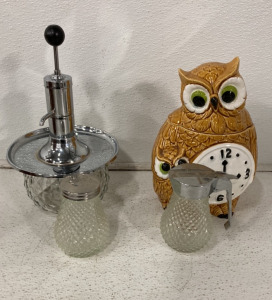 (1) Owl Clock Glass Cookie Jar, (1) Fancy Glass Soap Dispenser, (1) Glass Salt Or Pepper Shaker, (1) Glass Syrup Dispenser