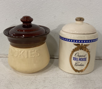 (1) Original Nestle Toll House Glass Cookie Jar, (1) Brown And Cream Colored Glass Cookie Jar