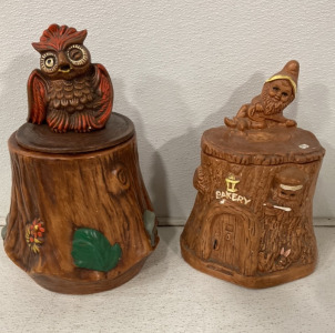 (1) Winking Owl On A Tree Stump Cookie Jar, (1) Elf Bakery Cookie Jar