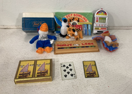 (1) Trivial Pursuit Trivia Card Game, (1) Select Bowling Card Game, (4) Mini Stuffed Animal Toys, (2) Sets Of Congress Playing Cards And More