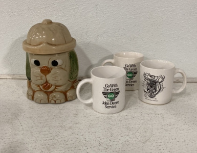 (1) Vintage Ceramic Puppy Cookie Jar, (3) John Deer Go With The Green Coffee Mugs