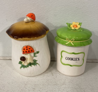 (1) Vintage Merry Mushroom Glass Cookie Jar, (1) Vintage Yellow Daisy Retro Glass Cookie Jar
