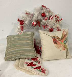 (1) 26&rsquo;&rsquo; Large Christmas Reef For Door, (2) Tan Colored Christmas Stockings, (1) Christmas Stocking With Cardinals On It, (2) Decorative Couch Pillows