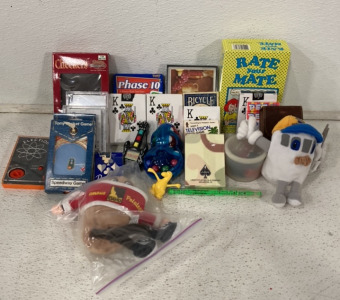 (9) Decks Of Playing Cards, (1) Game Of Phase Ten Card Game, (2) Stuffed Animals, Checkers Gmae Board And Pieces And More