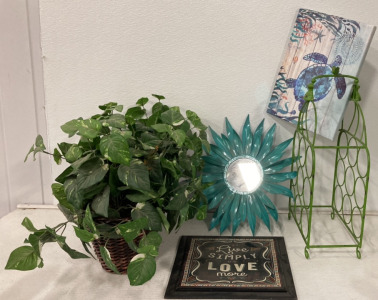 (1) Live Simply And Love More House Sign, (1) Large Fake House Plants, (1) Turtle Painted Canvas, And More