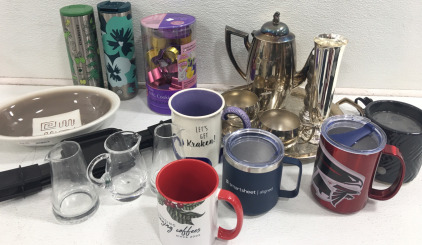 (2) Starbucks Coffee Thermos (1) Silver Teapot & Accessories (4) Assorted Mugs & More!