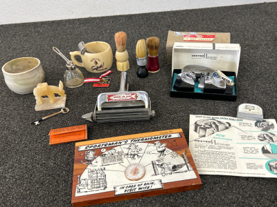 Antique/Vintage Man Cave Essentials!! Comedic Thermometer, Dexter Mat Cutter Tool With Original X-Acto Blades Plus A Pocket Tape Measure! Townsend Fish Skinner, Skeleton Key, Heather n’ Fern Seaforth! Shaving Mug With 3 Shaving Cream Brushes, Razor & So M