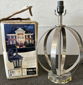 Modern Pewter Table Lamp (Works!!) and Guilded Iron Outdoor Sconce (Still in Original Packaging!!), PLUS a “Bon Appetit” Sign