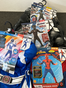 Time to be a Superhero!! Fun Halloween/Play costumes for boys! Black Panther (small-large), Blue Power Rangers (small) and Spider-Man (medium).