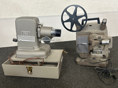 Collect a piece of film history with these Antique Film Projectors!! TDC (a division of Bell & Howell) Deluxe Model D in Air Floe Case and a Bell & Howell Auto Load Midel 245 PA (for display only).