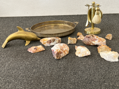 Decorative Collectible Brass Platter, Dolphin and Shaving Set and a GORGEOUS selection of Raw Quartz in varying shades of White, Creamy Yellow, Rose and many in between natural shades from the minerals!!