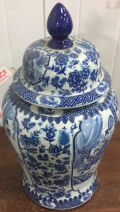 26” Blue And White Floral Ceramic Decorative Vase With Lid