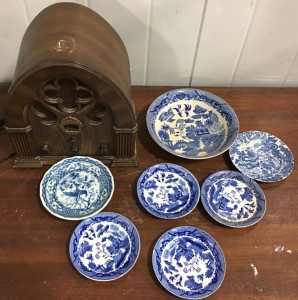 (1) Vintage Philco Ford Corporation Radio Receiver, (7) Japanese Blue/White Plates