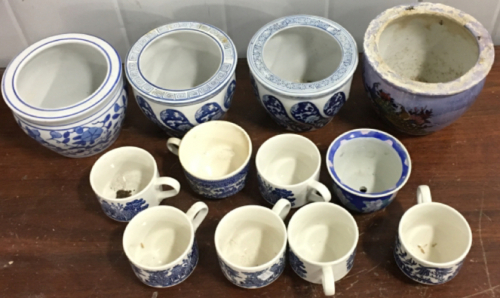 (7) Vintage Churchill Blue Willow Cups, (4) Flower Pots
