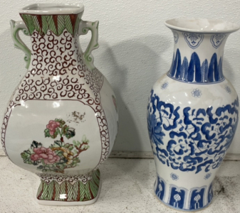 (1) 15&rsquo;&rsquo; Decorative Ceramic Floral Vase With Handles , (1) 14 1/2&rsquo;&rsquo; Ceramic Blue And White Decorative Vase