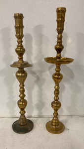 (1) Vintage Brass Candle Stick Holder, (1) 38 1/2&rsquo;&rsquo; Vintage Brass Candle Stick Holder With Wax Catcher
