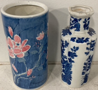(1) 18&rsquo;&rsquo; Ceramic Floral Decorative Vase, (1) 18&rsquo;&rsquo; Ceramic Blue And White Decorative Vase