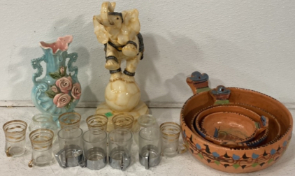 Unique Floral Vase, Elephant Figurine, Assorted Turkish Coffee Glasses, and Clay Bowls