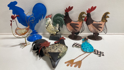 (7) Assorted Metal Chicken Decor