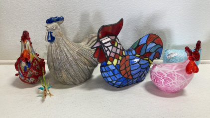 (6) Assorted Chicken Decor: (4) Glass, (1) Cement, (1) Stained Glass Lamp