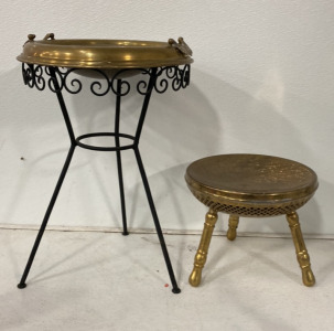 (1) 25&rsquo;&rsquo; Vintage Brass Bowl With Stand, (1) 12&rsquo;&rsquo; Vintage Brass Stool