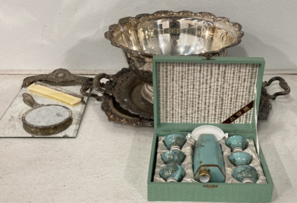 (1) Antique Blue Tea Set, (2) Silver (Plated?) Bowl And Platter Set, (1) International Company Silver Plated Mirror And Comb Set