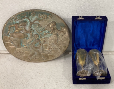 Set Of Brass Chalices With Royal Blue Padded Case, (1) Tin Vintage Wall Decoration