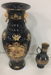 (1) 18&rdquo; Painted Scene Black + Gold Chinese Ceramic Vase (1) 9&rdquo; Brass Vase With Etched Scenes