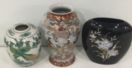 (1) 8&rdquo; Ceramic Japanese Peacock Vase (1) 12&rdquo; Ceramic Chinese Crane Vase (1) 9&rdquo; Ceramic Gloral Design Black Vase