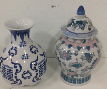 (1) 12&rdquo; Ceramic Happiness Chinese Vase (1) 13&rdquo; Ceramic Floral Chinese Vase With Marching Lid