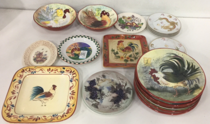 Large Lot Of Vintage Ceramic Chicken And Rooster Themed Dishes