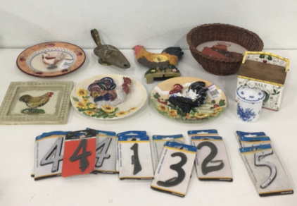 (14) 4&rdquo; Aluminum House Address Numbers (6) Chicken Rooster Themed Decorations (1) Vintage Ceramic Salt Container (1) Blue Ceramic Chinese Sugar Boel With Lid Amd s&rsquo;more!!