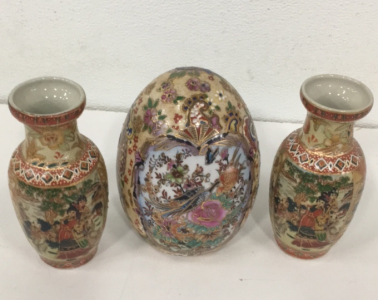 (2) Vintage Matching 6&rdquo; Stamped Porcelain Chinese Hand Painted Vases (1) Vintage Porcelain Hand Painted Decrotive Egg