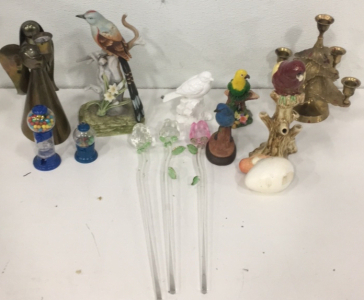 (1) Large Lot Of Ceramic And Glass Birds Artful Decorations (3) 14&rdquo; Glass Roses (1) Vintage Brass Copper 9&rdquo; Angel Candle Holder (1) Brass 5-Candle Candle Holder