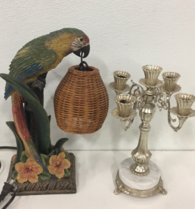 (1) Vintage Unique Ceramic 16&rdquo; Parrot Lamp (1) 5-Stick Metal Candlestick With Marble Base