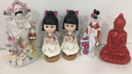 (2) Matching Porcelain Asian Themed Dolls (1) 14&rdquo; Ceramic Asian Themed Sculpture (1) Vintage 11&rdquo; Asian Themed Sculpture (1) Ceramic 11&rdquo; Red Buddha Sculpture