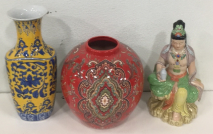 (1) 14&rdquo; Ceramic Floral Design Vase (1) 10&rdquo; Red Ceramic Round Vase (1) 12&rdquo; Ceramic Painted Asian Themed Sculpture