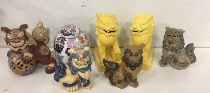 (6) Vintage Ceramic Ornate Decrotive Dragon Scupltures (1) Vintage Japanese Saki Jug With Lid
