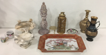 (2) Vintage Brass/Copper 10&rdquo; Jugs (2) Decorative Stone Water Baths (1) Vintage Japanese 14&rdquo; x 9&rdquo; Platter And More!!